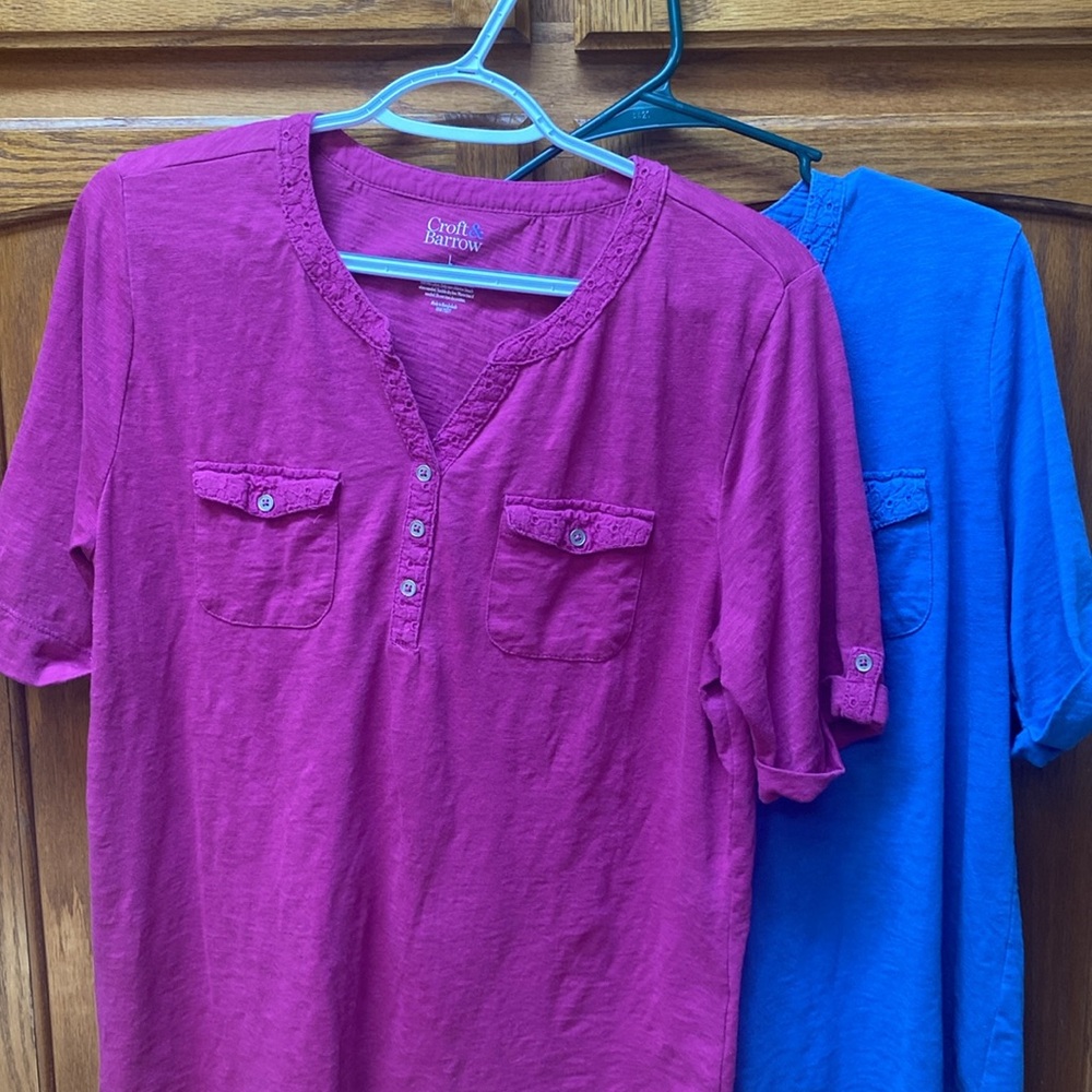 Crown & Ivy one Blue and one fuschia Henley Top size Large.  2 tops for 15.00